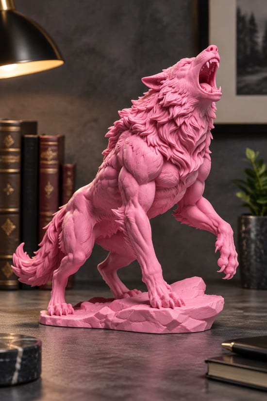Uluyan Güçlü Alfa Kurt Figürlü Dekoratif Biblo Pembe