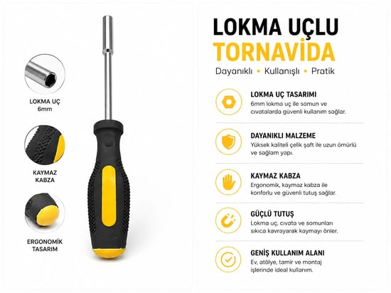 6 Mm Lokma Uçlu Tornavida 190 Mm | Ergonomik Kaymaz Saplı