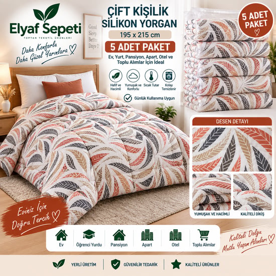 Elyaf Sepeti 5’li Toptan Çift Kişilik Silikon Yorgan 195x215 Cm – Yaprak Desenli