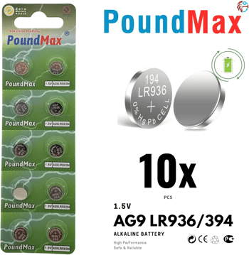 10x Ag9 (lr45, Lr936, 394) 1.5v - Poundmax Alkalin Düğme Piller | 1x 10 Lu Paket