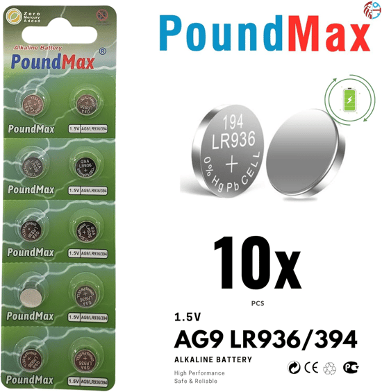 10x Ag9 (lr45, Lr936, 394) 1.5v - Poundmax Alkalin Düğme Piller | 1x 10 Lu Paket