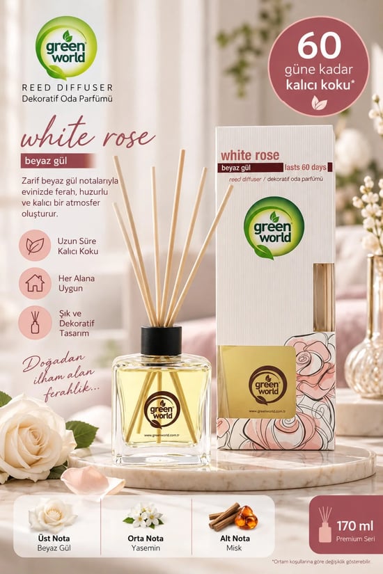Green World White Rose Beyaz Gül Bambu Çubuklu Oda Parfümü 170 Ml