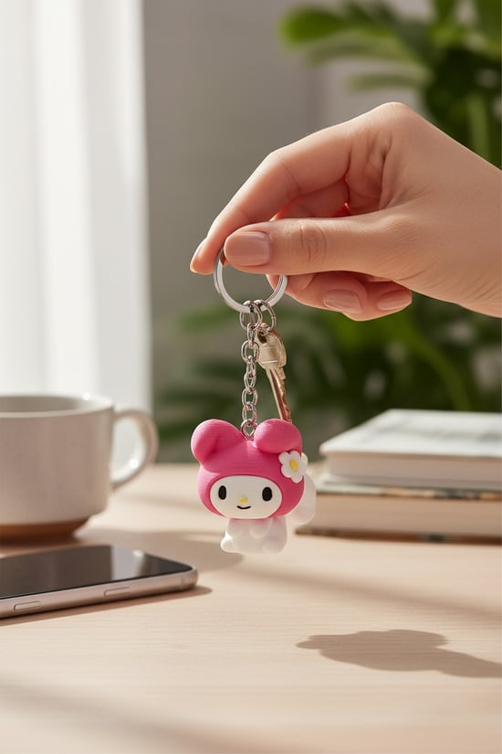Çiçekli Sevimli Tavşan Figürlü Hareketli Anahtarlık