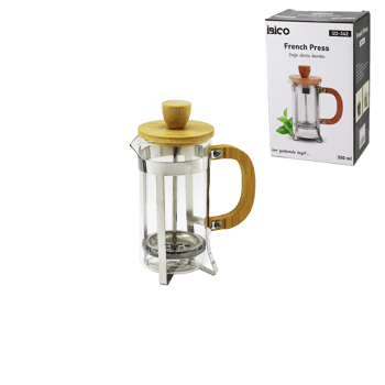 İ22-342 French Press ( Metal Kafes & Bambu Sap Bambu Kapak ) ( 350ml ) ( Cam ) Bitki Süzgeçi