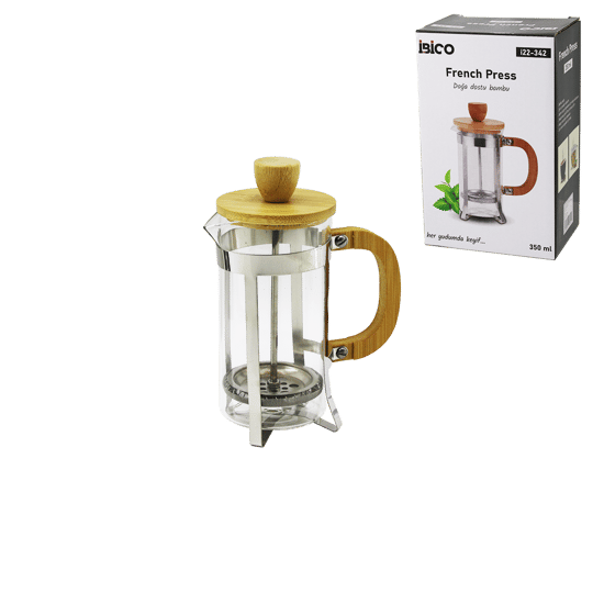 İ22-342 French Press ( Metal Kafes & Bambu Sap Bambu Kapak ) ( 350ml ) ( Cam ) Bitki Süzgeçi