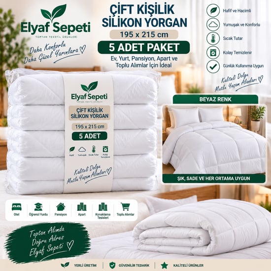 Elyaf Sepeti 5’li Toptan Çift Kişilik Silikon Yorgan 195x215 Cm – Beyaz