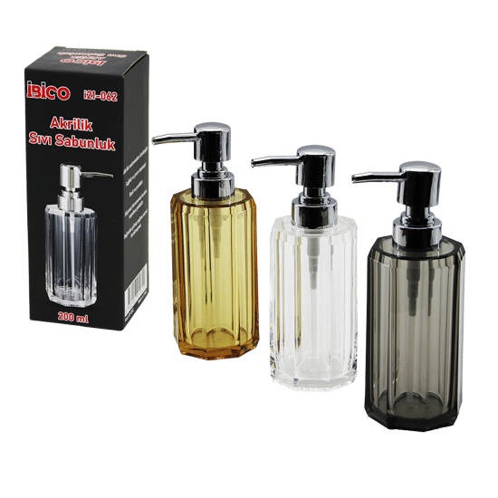 İ21-062 ( Uzun ) ( Sekizgen ) ( Şeffaf & Renkli ) ( Akrilik & Mika Kristal ) Sıvı Sabunluk ( 200ml )