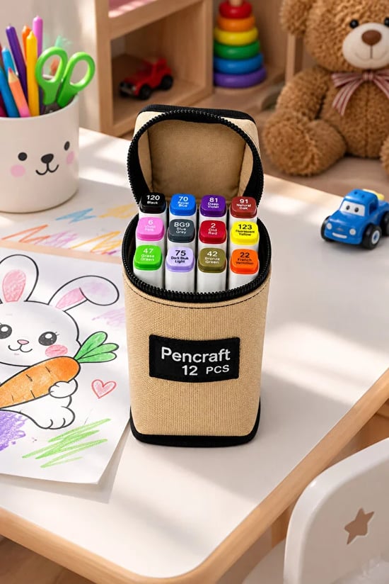 Fabess Pencraft 12'li Bej Çantalı Renkli Marker Keçeli Kalem Seti – Çizim ve Boyama Kalemi
