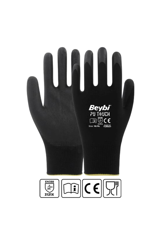 Beybi Pu Touch Siyah Poliüretan Kaplı Polyester Örme Nitril İş Eldiveni 9 Beden