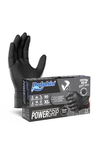 Dolphin PowerGrip Ekstra Kalın Siyah Nitril Eldiven Elmas Dokulu XL Beden 50 Adet