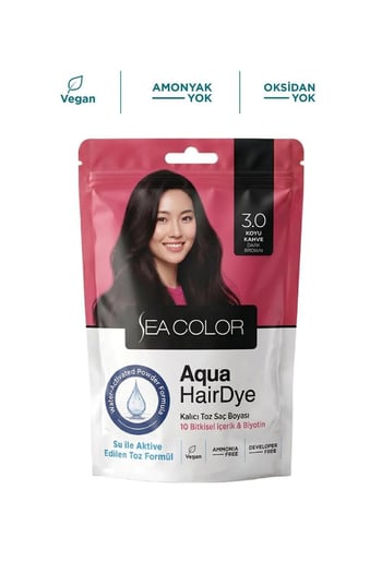 Sea Color Aqua Hair Dye Vegan & Amonyaksız Su ile Aktive Edilen Kalıcı Saç Boyası Toz 3.0 Koyu Kahve