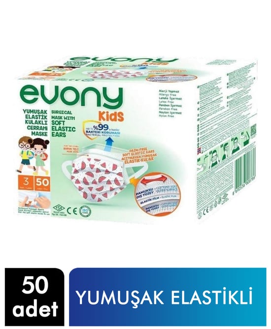 Evony 3 Katlı Telli Cerrahi Çocuk Maske 50'li