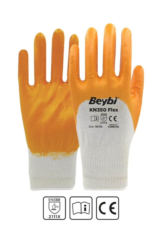 Beybi Kn350 Flex Sarı Pamuk Nitril İş Eldiveni 10 Beden