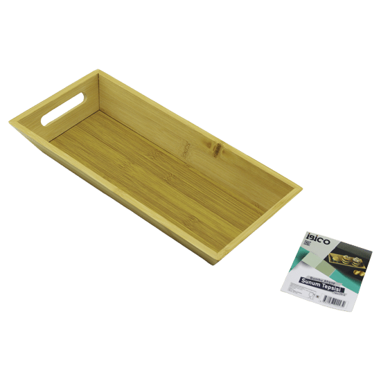 İ22-243 ( Dikdörtgen=16x35cm ) ( Derin=4.5cm ) ( Ahşap Bambu ) Sunum Tepsisi ( Çift Oyma Kulplu )