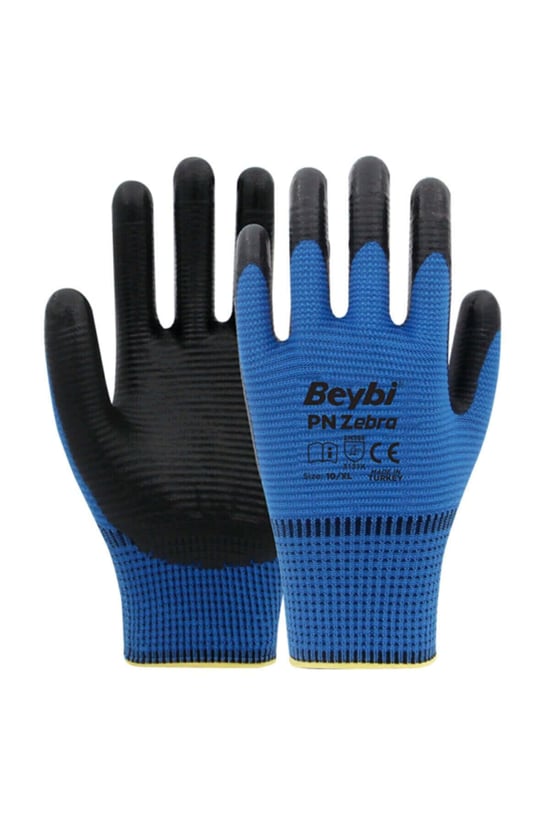 Beybi Pn Zebra Mavi Polyester Örme Nitril İş Eldiveni 10 Beden