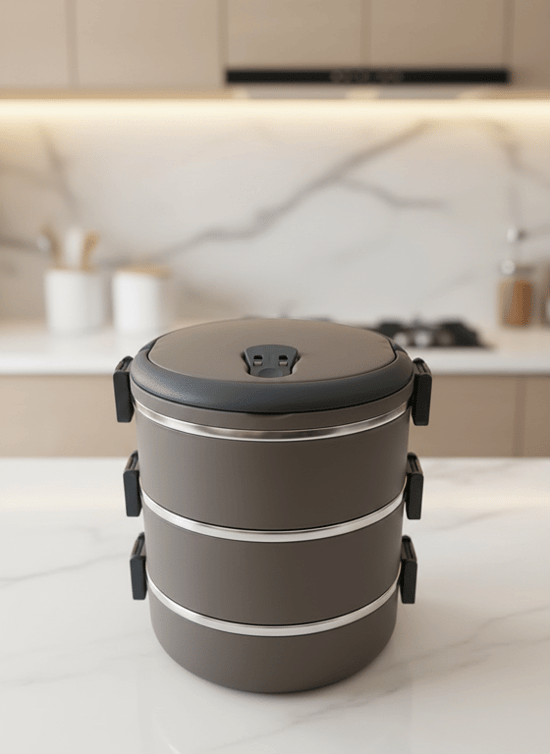 Freshbox 3 Katlı Yemek Termosu Saklama Kabı Sefer Tası 1,8 Lt Koyu Kahverengi (CAPPUCİNO) TR'de Tek Renk 12'Lİ