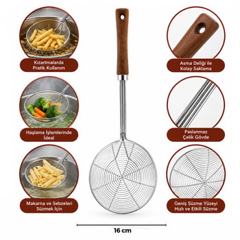 İ22-298 ( 16cm ) ( Akasya Ahşap Saplı ) ( Çelik Metal ) ( Derin ) Kevgir ( Sap: 27cm )