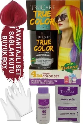 Trucare Truecolor Koyu Kırmızı Saç Boyası Seti Saç Açıcı ve Eldivenli
