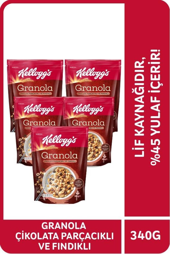 Kellogg's Granola Çikolata Parçacıklı ve Fındıklı 340 Gr x 5 Adet