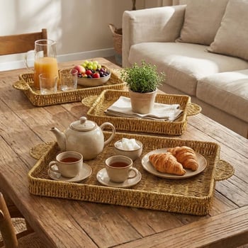 BUFFER® İç İçe Geçebilen 3’lü Dikdörtgen Plastik Rattan Tepsi Seti–Hasır Görünümlü Çok Amaçlı Servis