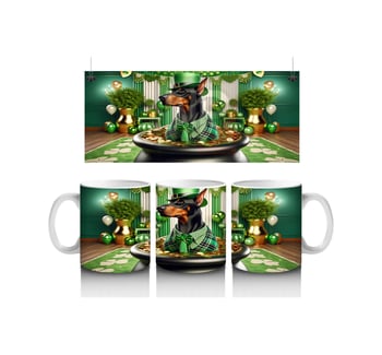 Altınlarla Dolu Kazanda Oturan St. Patrick S Doberman - Baskılı Kahve Kupası Renkli