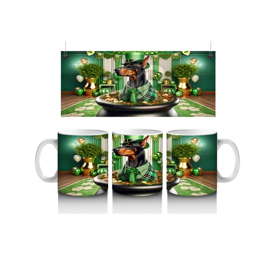 Altınlarla Dolu Kazanda Oturan St. Patrick S Doberman - Baskılı Kahve Kupası Renkli