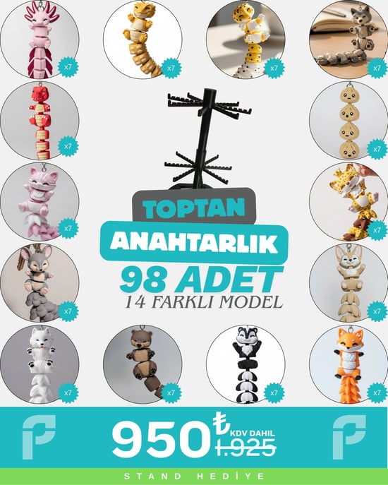 Toptan 98 Adet Kuyruklu Hayvan Figürlü Anahtarlık Karma Paket
