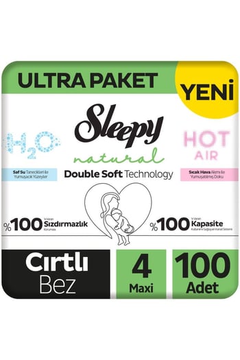 Sleepy Natural Double Soft Ultra Paket Bebek Bezi 4 Numara Maxi 100 Adet