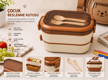 Çocuk Beslenme Kutusu Kaşık Çatal Setli Kahverengi