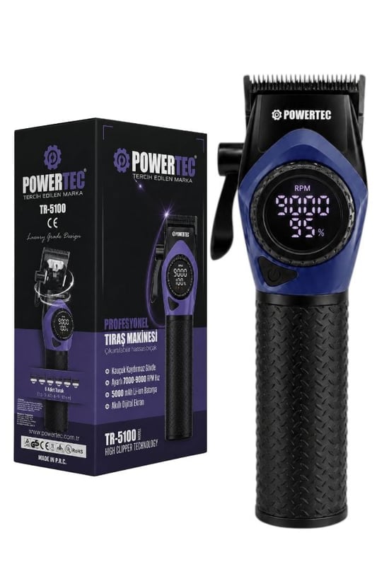 Powertec Tr-5100 Göstergeli Ayarlanabilir 9000 Rpm Hız Kaydırmaz Gövdeli Tıraş Makinesi Mavi