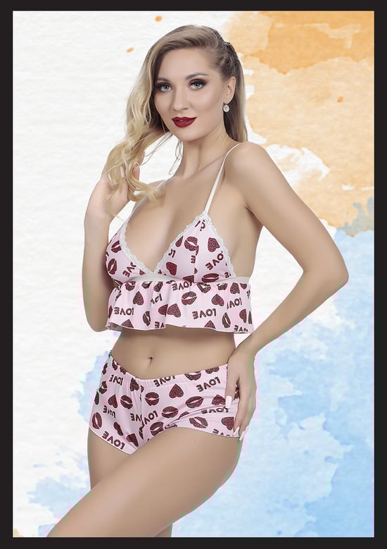 Kirlinova Kalp ve Dudak Desenli Crop Pijama Takımı S1319