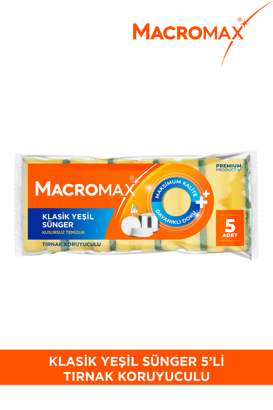 Macromax Tırnak Koruyuculu Bulaşık Süngeri 5'li Paket Ergonomik Yeşil Klasik Sünger