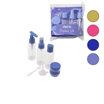 İ15-056 (7pcs) Seyahat Kozmetik Set (3-pls.pompalı+sprey+kapaklı Şişe(50ml)& 2-krem Kutu(10gr)& 1-huni & 1-spatula)