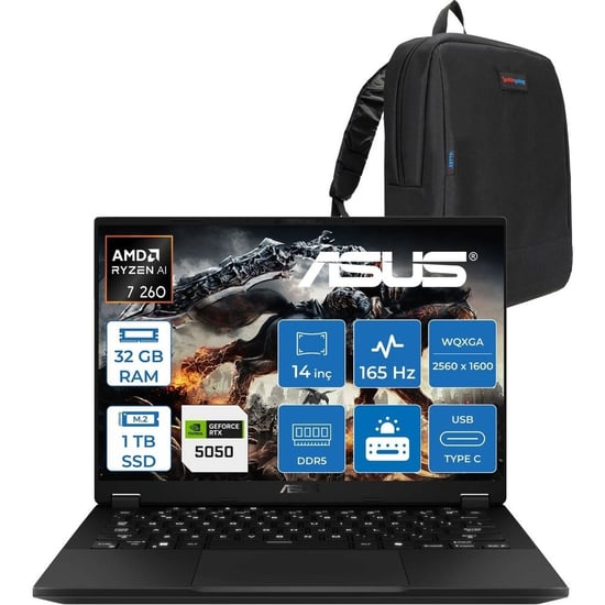 Asus Tuf Gaming A14 FA401UH Amd Aı Ryzen 7 260 32GB Ddr5 1tb SSD 8GB/RTX5050 115W 14-Inch, 165Hz 2.5