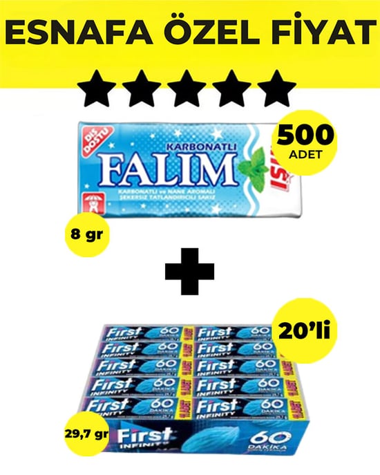 Falım İşıl Nane Aromalı Sakız (5'li 8gr X 500 Adet) + First İnfinity 11s Stick Nane Aromalı Sakız (29,7 G X 20 Adet) Bedelsiz - Avantajlı Falım First Paketi