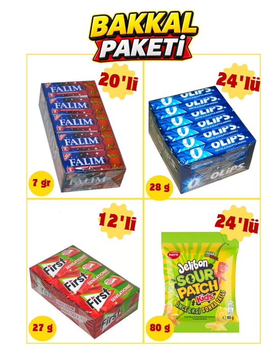 Falım Çilek Aromalı Sakız (5'li X 20 Adet)- Olips Mentol Okaliptüs 24'lü Paket (28gr X 24 Adet)- First Sensations Karpuz Aromalı Sakız (27gr X 12 Adet)- Jelibon Sour Patch Kids (80gr X 24 Adet)