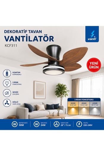 Vanti 28inç(71cm) Led Işıklı Dekoratif Tavan Vantilatörü 30w Uzaktan Kumandalı 5 Pervane Koyu Renk