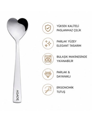 Agade -12 Adet Kalp Tasarımlı Paslanmaz Çelik Dondurma ve Tatlı Kaşığı %100 Çelik Çay Kaşığı Makinede Yıkanabilir