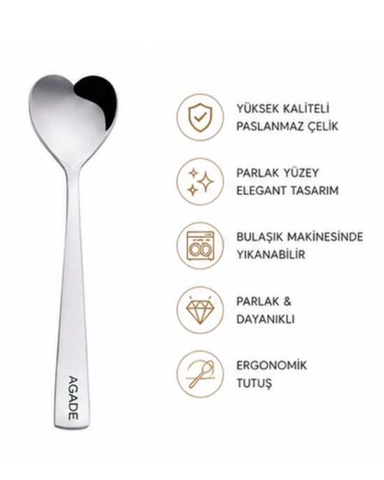 Agade -12 Adet Kalp Tasarımlı Paslanmaz Çelik Dondurma ve Tatlı Kaşığı %100 Çelik Çay Kaşığı Makinede Yıkanabilir