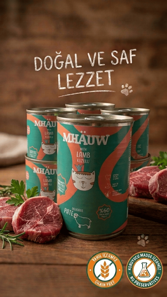 Mhauw Kuzulu %60 Gerçek Et Kedi Konserve Maması 400g Tahıl ve Koruyucu İçermez