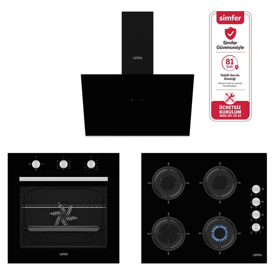 Carino 4 Fonksiyon Mekanik Siyah Power Turbo 3'lü Cam Ocaklı Ankastre Set (fırın+ocak+davlumbaz)