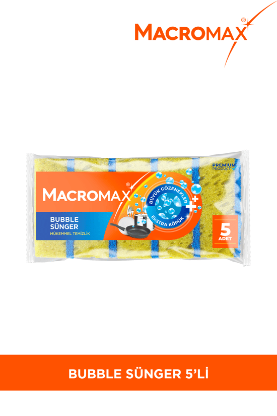 Macromax Bubble Bulaşık Süngeri 5'li Paket Büyük Gözenekli Ekstra Köpük Teknolojisi