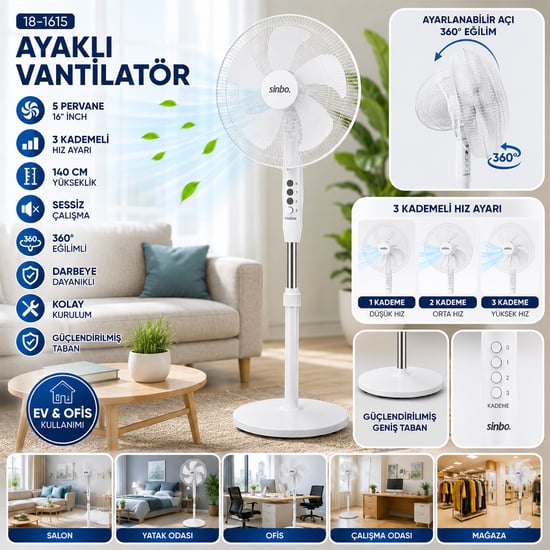Sinbo Sf-6789 ( Beyaz ) ( 5 Pervane & 16'' ) ( Ev & Ofis ) ( Kompakt & Sessiz & Üç Kademe) ( 140cm Yükseklik ) Ayaklı Vantilatör