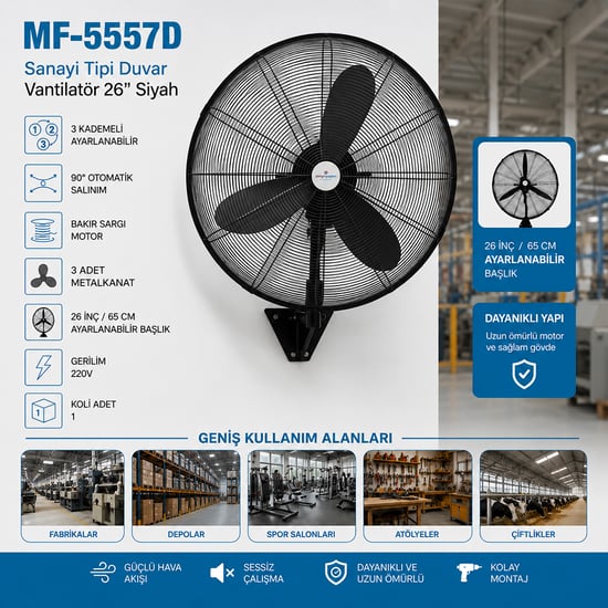 Mf-5557d ( 26") (sanayi Tipi ) ( 67cm ) ( 3 Metal Pervane ) ( 3 Kademeli & 220v ) Duvar Vantilatör & Fan