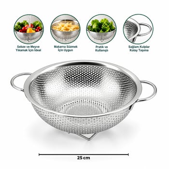 İ22-307 ( 25cm ) ( Metal Kulplu ) ( Çelik Sepet ) Süzgeç ( İnce Tel Ayaklı )