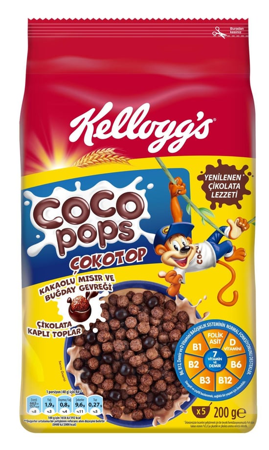 Kellogg's Coco Pops Çokotop Çikolatalı Buğday ve Mısır Gevreği 200 Gr, Lif,demir ve 6 Vitamin İçerir