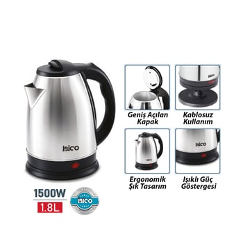 Mtf-001 ( Çelik ) Kettle Elektrikli Su Isıtıcısı ( Paslanmaz Çelik Gizli Rezistans ) ( 360° ) ( 1.8lt ) ( 1500w )