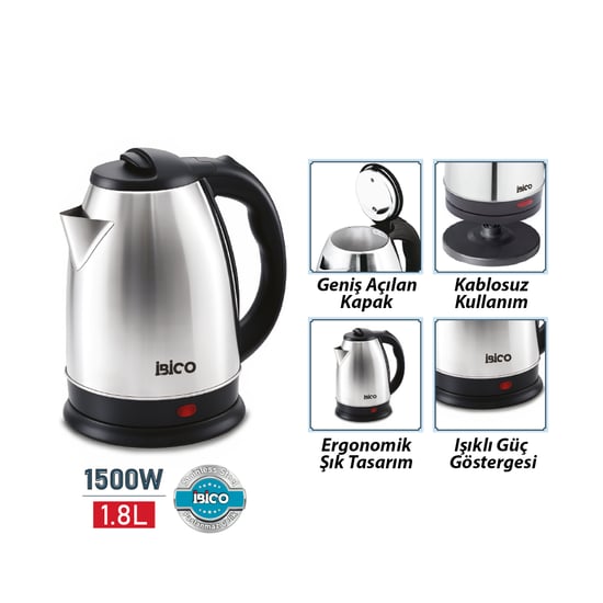 Mtf-001 ( Çelik ) Kettle Elektrikli Su Isıtıcısı ( Paslanmaz Çelik Gizli Rezistans ) ( 360° ) ( 1.8lt ) ( 1500w )