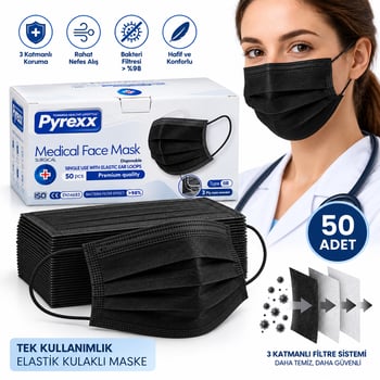Pyrexx Medical ( Siyah ) ( 50pcs ) Medikal Cerrahi Yüz Maskesi ( Tek Kullanımlık & 3 Katlı )