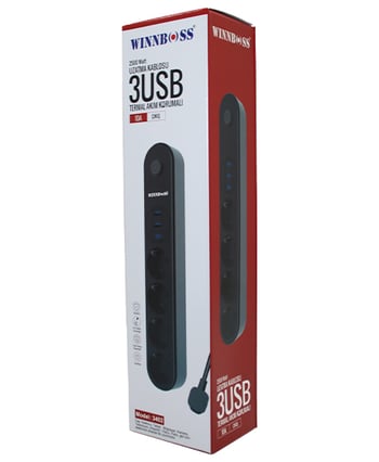 Winnboss-3402 Termal Akım Korumalı ( 4lü Priz ) ( 3x Usb ) ( 2mt ) ( Anahtarlı ) Uzatma Kablo Siyah ( 10a & 2500w )